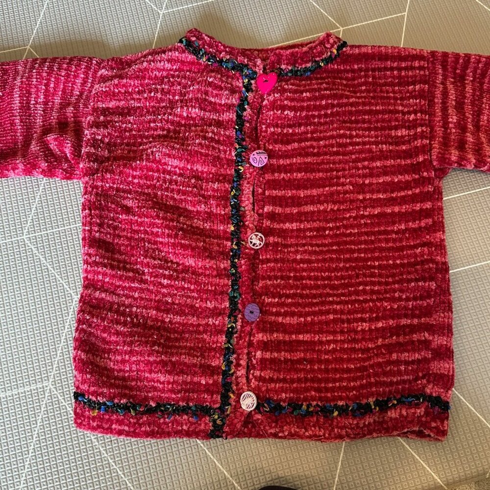 Handknit Girls Pink & Red Button-Up Chenille Sweater with Multicolor Accents